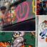 A collage of four images. The biggest one is of Nikko Locander, Rauner alum and Chicago artist, spraypainting a store sign in Japan. The other images are a headshot of him and then two other murals of his.