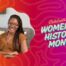 A photo of Sydney Clayborn, a woman with light brown skin and dark brown braids with light highlights, sits on top of an orange and pink ombre background with a squiggle pattern. To the right of the photo is white, orange, and blue text that reads "Celebrating Women's History Month"