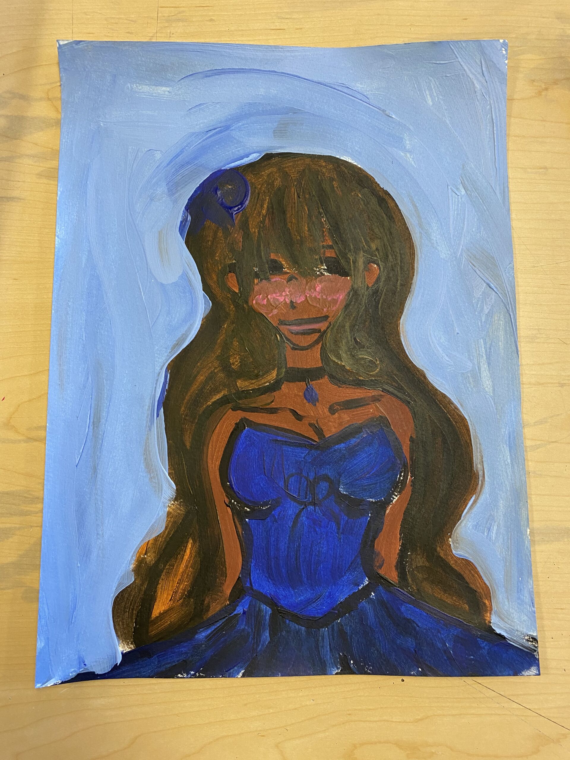 Acrylic painting by Tahini Hargrow-Phelps. It is on a small sheet of canvas paper and depicts a Black girl with long wavy brown hair in a bright blue ball gown with a matching bow and choker. The background is a solid light blue.