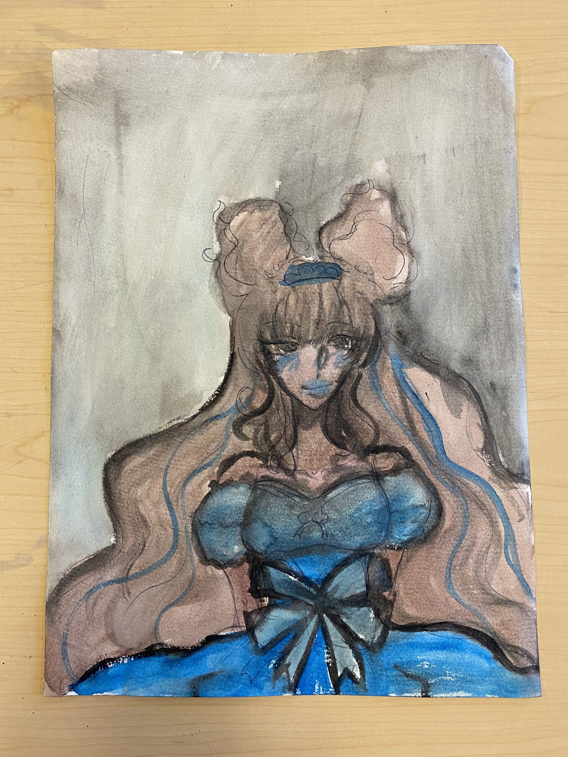 Watercolor painting by Tahini Hargrow-Phelps. It is on a small sheet of canvas paper. A young girl with light brown skin and hair in the same shade stands with her arms behind her back, smiling. She is wearing a bright blue ball grown with short sleeves off the shoulders and a big bow at the waist. Her hair is long and wavy and half up in two big messy buns at the top of her head. The background is a solid light gray.