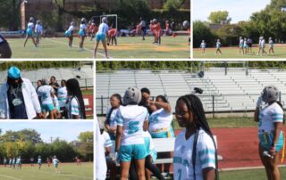 A collage of five photos that show the Muchin College Prep girls flag football team at practice and during games.