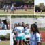 A collage of five photos that show the Muchin College Prep girls flag football team at practice and during games.