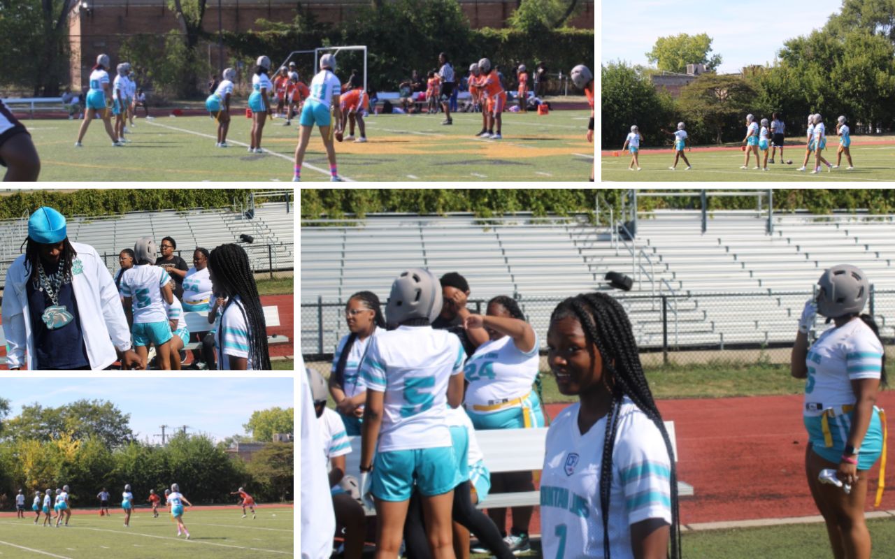 Muchin Flag Football Blog Cover A collage of five photos that show the Muchin College Prep girls flag football team at practice and during games.