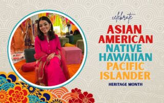 A full-body image of Afsha Wasi, a teacher at Noble Street College Prep, in bright pink traditional South Asian clothing is on top of a beige background with a rippling circle pattern. Below the image to the left is a group of colorful illustrated flowers. To the right of the image are the words "Celebrate Asian American, Native Hawaiian, and Pacific Islander Heritage Month".