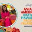 A full-body image of Afsha Wasi, a teacher at Noble Street College Prep, in bright pink traditional South Asian clothing is on top of a beige background with a rippling circle pattern. Below the image to the left is a group of colorful illustrated flowers. To the right of the image are the words "Celebrate Asian American, Native Hawaiian, and Pacific Islander Heritage Month".