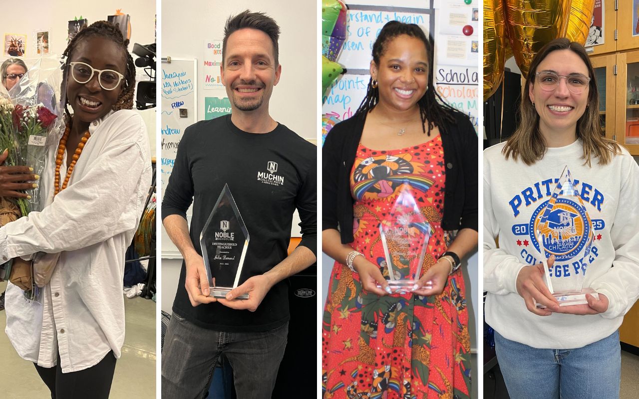 DT 2025 Blog Cover A collage of four photos of Noble Schools' 2025 Distinguished Teachers: Chelsea Lemon, John Farrand, Brittany Parks, and Anna Pietrantonio. They are in their classrooms receiving the award.