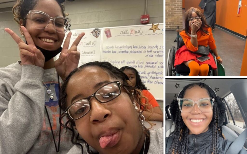 A collage of three images showing two young Black students at Butler College Prep. The biggest one on the left is a selfie of the two of them, Tatiana Criss and Amira Todd, being silly in a classroom. The other two photos are of them individually.