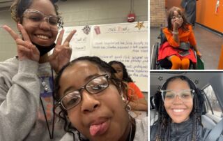 A collage of three images showing two young Black students at Butler College Prep. The biggest one on the left is a selfie of the two of them, Tatiana Criss and Amira Todd, being silly in a classroom. The other two photos are of them individually.