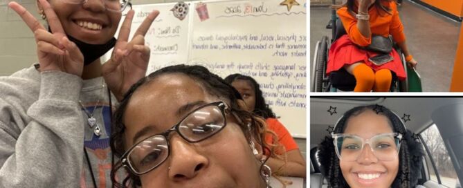 A collage of three images showing two young Black students at Butler College Prep. The biggest one on the left is a selfie of the two of them, Tatiana Criss and Amira Todd, being silly in a classroom. The other two photos are of them individually.