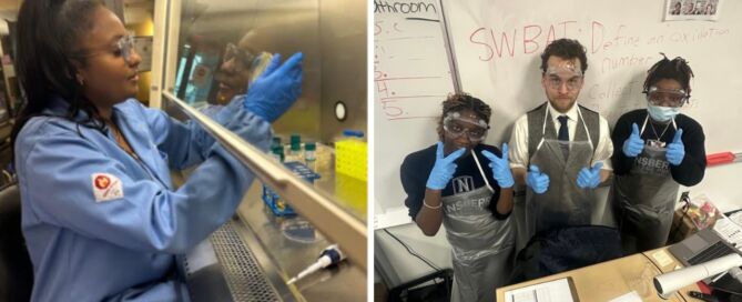 A collage of two images showing Johnson and Celeste, both working on labs in their classrooms.