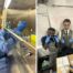 A collage of two images showing Johnson and Celeste, both working on labs in their classrooms.