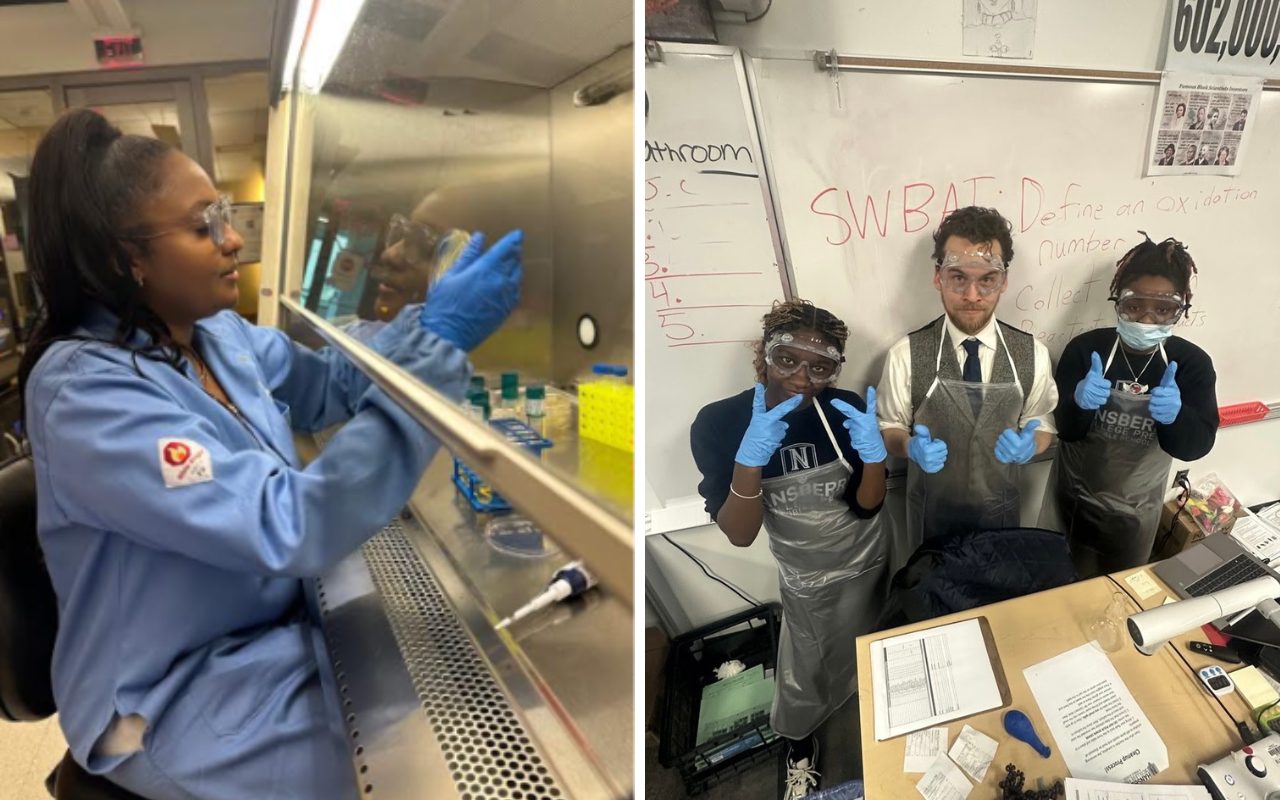 A collage of two images showing Johnson and Celeste, both working on labs in their classrooms.