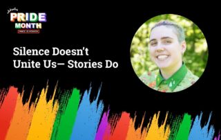 Mads Oliver, Communications Associate at Noble Schools, is pictured in a bright green button-up with a nature pattern on it. They are smiling in front of a blurred outdoor background. Mads is a white, gender non-conforming person with transgender color dyed straight hair in a ponytail. This picture is on top of a black background and above a splash of rainbow paint strokes. To the left of the photo is a logo that reads "Celebrates Pride Month: Pride is Power". Underneath the logo is a headline that reads "SIlence Doesn't Unite Us-- Stories Do"