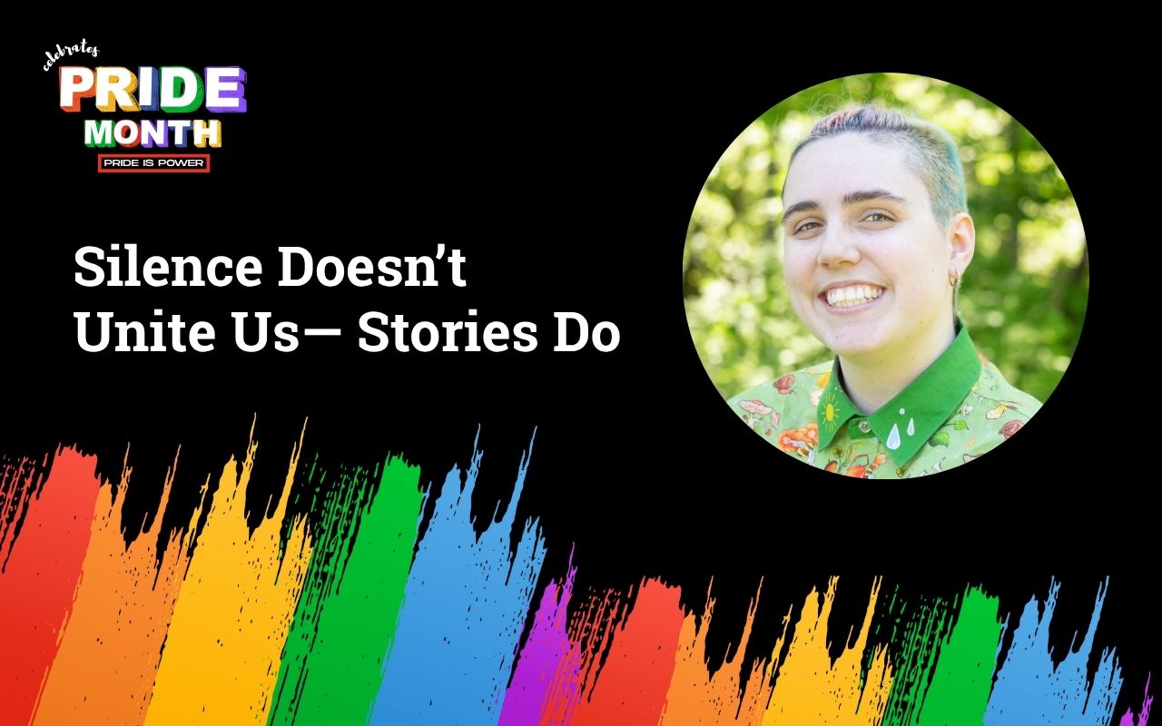 Oliver SY25 Pride Blog Cover Mads Oliver, Communications Associate at Noble Schools, is pictured in a bright green button-up with a nature pattern on it. They are smiling in front of a blurred outdoor background. Mads is a white, gender non-conforming person with transgender color dyed straight hair in a ponytail. This picture is on top of a black background and above a splash of rainbow paint strokes. To the left of the photo is a logo that reads "Celebrates Pride Month: Pride is Power". Underneath the logo is a headline that reads "SIlence Doesn't Unite Us-- Stories Do"