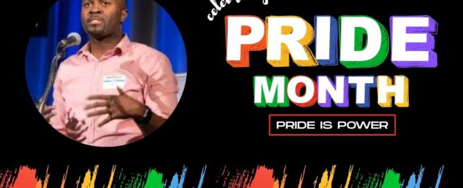 Cory Cain, dean of instruction at Pritzker College Prep, is pictured speaking at a panel in a light pink button up. This photo is on a black background with rainbow paint strokes at the bottom. To the right of his photo are the words "Celebrates Pride Month: Pride is Power".