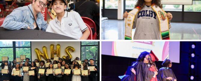 A collage of four photos showing moments of joy and pride at freshman signing night, senior signing night, National Honors Society induction, and the Class of 2025 graduation ceremony at The Noble Academy.