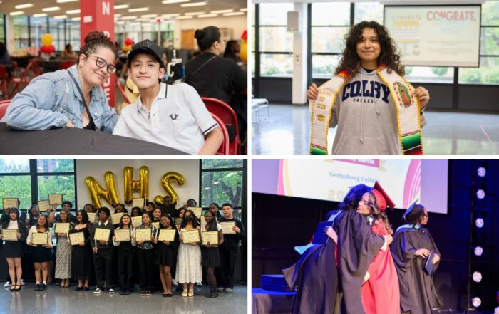 A collage of four photos showing moments of joy and pride at freshman signing night, senior signing night, National Honors Society induction, and the Class of 2025 graduation ceremony at The Noble Academy.