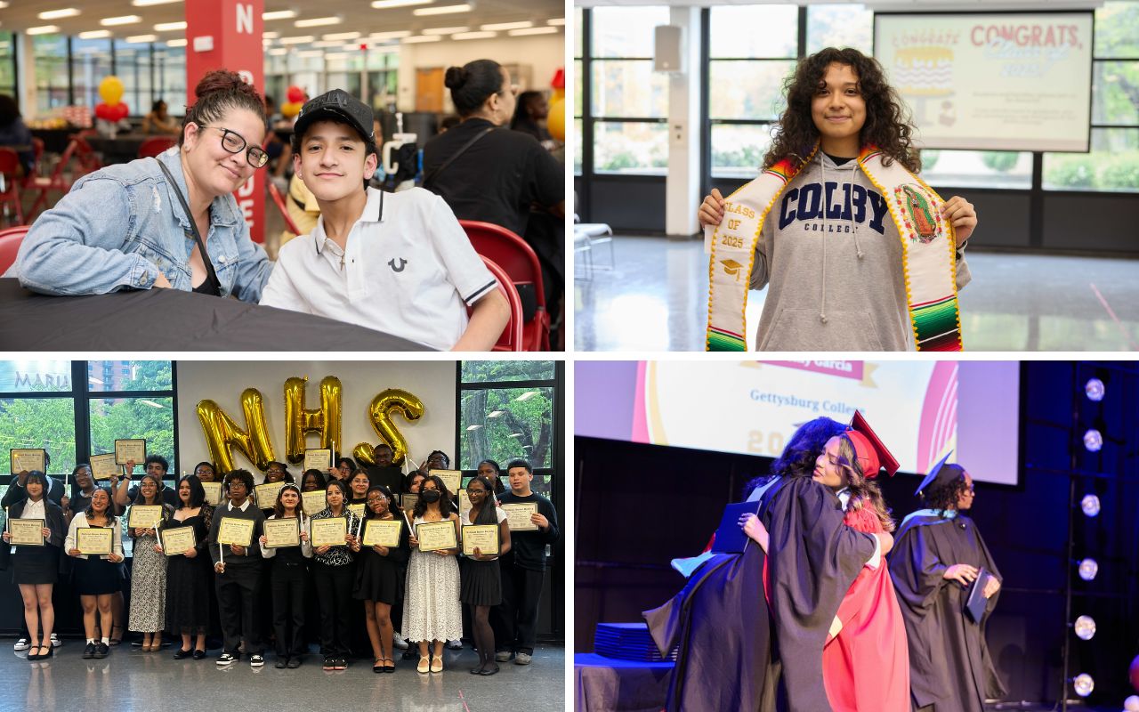 A collage of four photos showing moments of joy and pride at freshman signing night, senior signing night, National Honors Society induction, and the Class of 2025 graduation ceremony at The Noble Academy.