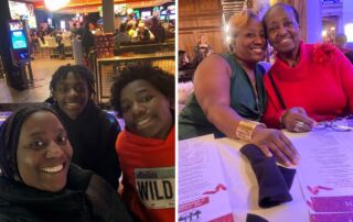 A collage of two images that show Butler parent Kelley-Austin with her two boys and with her mother.
