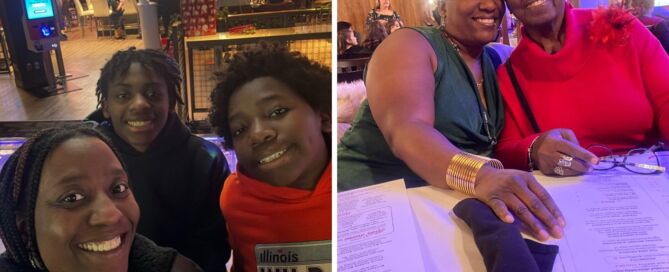 A collage of two images that show Butler parent Kelley-Austin with her two boys and with her mother.