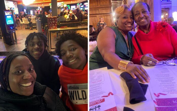 A collage of two images that show Butler parent Kelley-Austin with her two boys and with her mother.