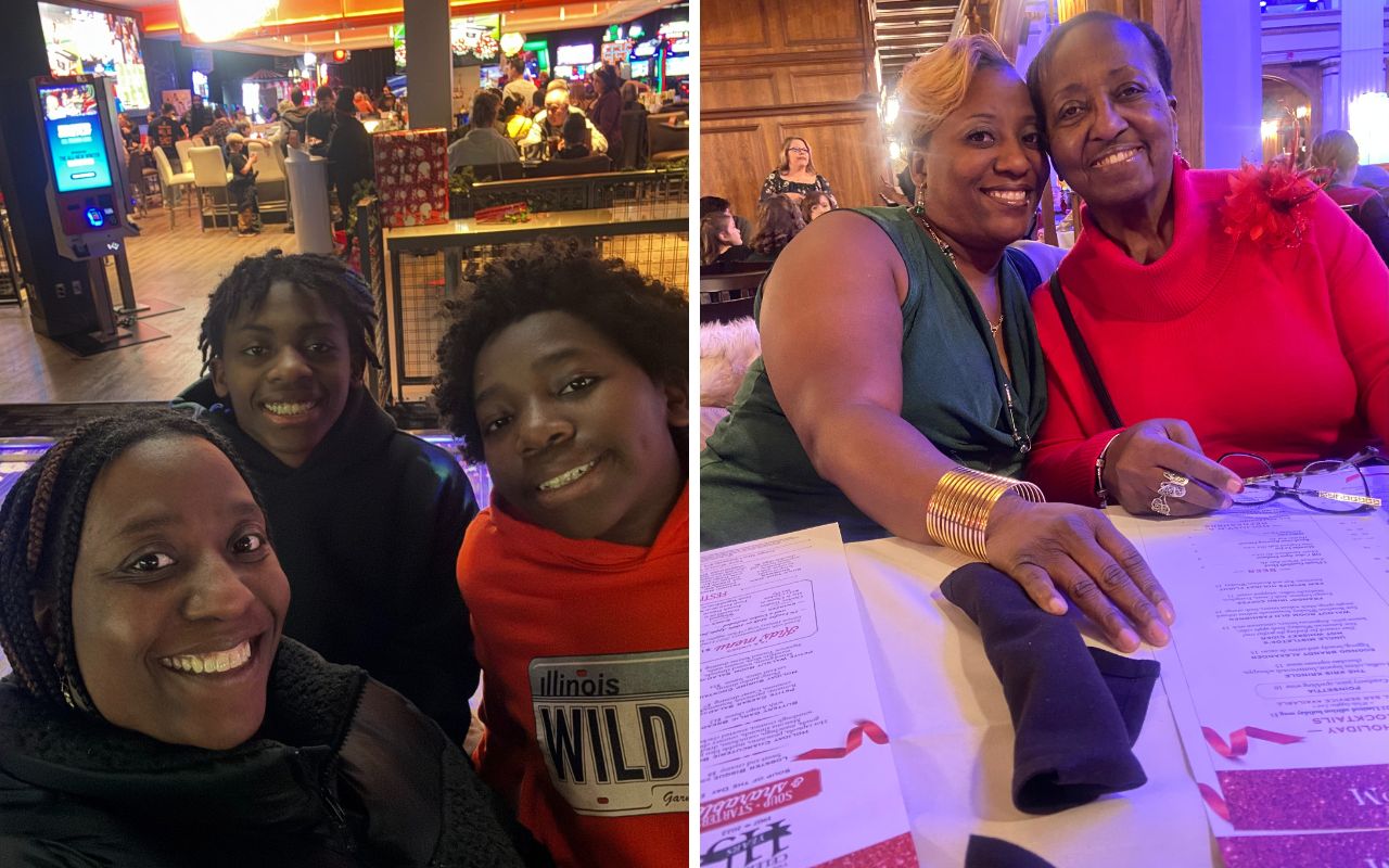 A collage of two images that show Butler parent Kelley-Austin with her two boys and with her mother.