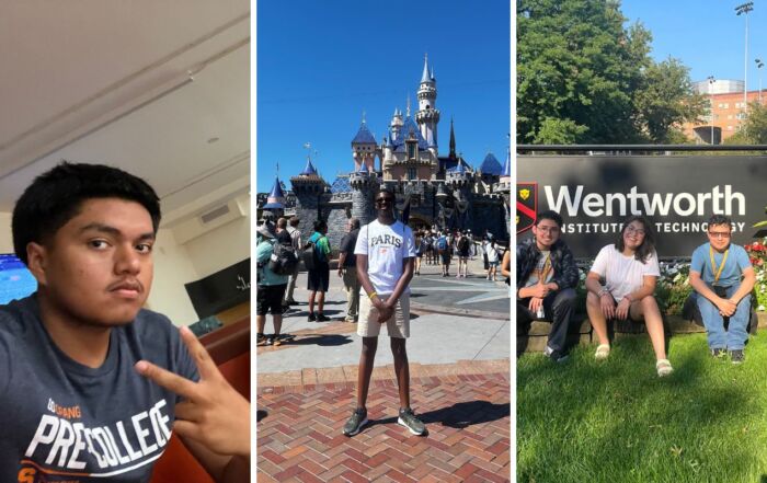 A collage of three images. Each one shows a different ITW David Speer Academy student on and nearby college campuses from their Summer Of A Lifetime experiences. One student is in a campus building. Another is at Disneyland. And the last one is in front of the campus sign.