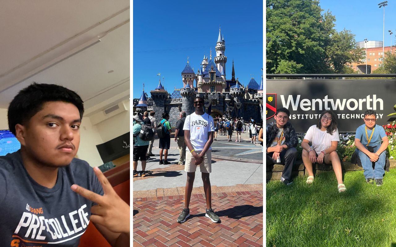Speer SOL SY25 Blog Cover A collage of three images. Each one shows a different ITW David Speer Academy student on and nearby college campuses from their Summer Of A Lifetime experiences. One student is in a campus building. Another is at Disneyland. And the last one is in front of the campus sign.