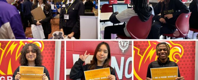 A collage of five images. The top two are scenes: two The Noble Academy students at the Junior College Fair and then students in a college seminar class. The bottom three images are headshots of students who are Posse and Questbridge scholars.