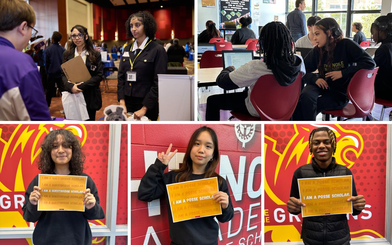 A collage of five images. The top two are scenes: two The Noble Academy students at the Junior College Fair and then students in a college seminar class. The bottom three images are headshots of students who are Posse and Questbridge scholars.