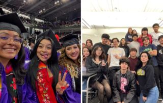 A collage of two images of Aileen Galeana, a teacher and alum of Mansueto High School in Chicago, Illinois. She is at her college graduation on the left and then with her class at Mansueto on the right.