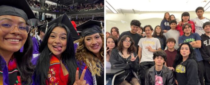 A collage of two images of Aileen Galeana, a teacher and alum of Mansueto High School in Chicago, Illinois. She is at her college graduation on the left and then with her class at Mansueto on the right.