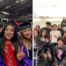 A collage of two images of Aileen Galeana, a teacher and alum of Mansueto High School in Chicago, Illinois. She is at her college graduation on the left and then with her class at Mansueto on the right.