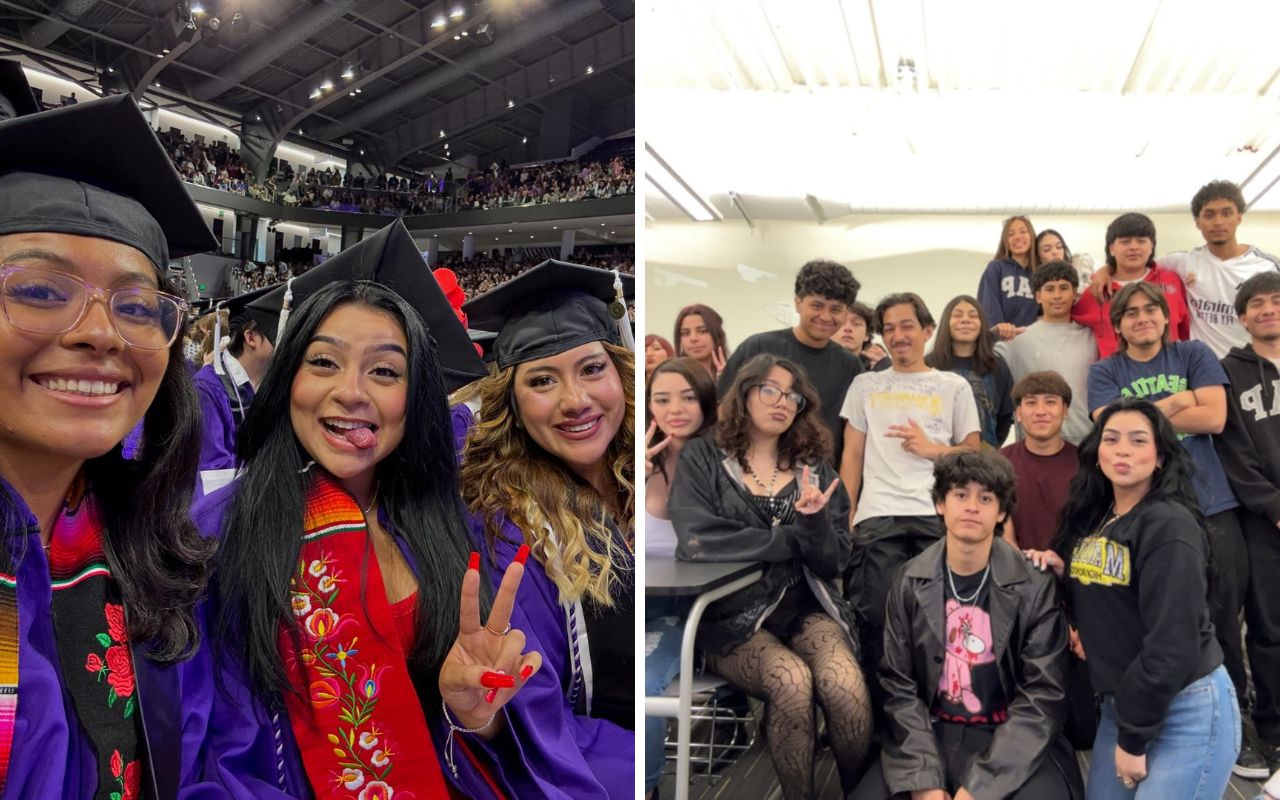 Mansueto Alum Spotlight Aileen Galeana Blog Cover A collage of two images of Aileen Galeana, a teacher and alum of Mansueto High School in Chicago, Illinois. She is at her college graduation on the left and then with her class at Mansueto on the right.
