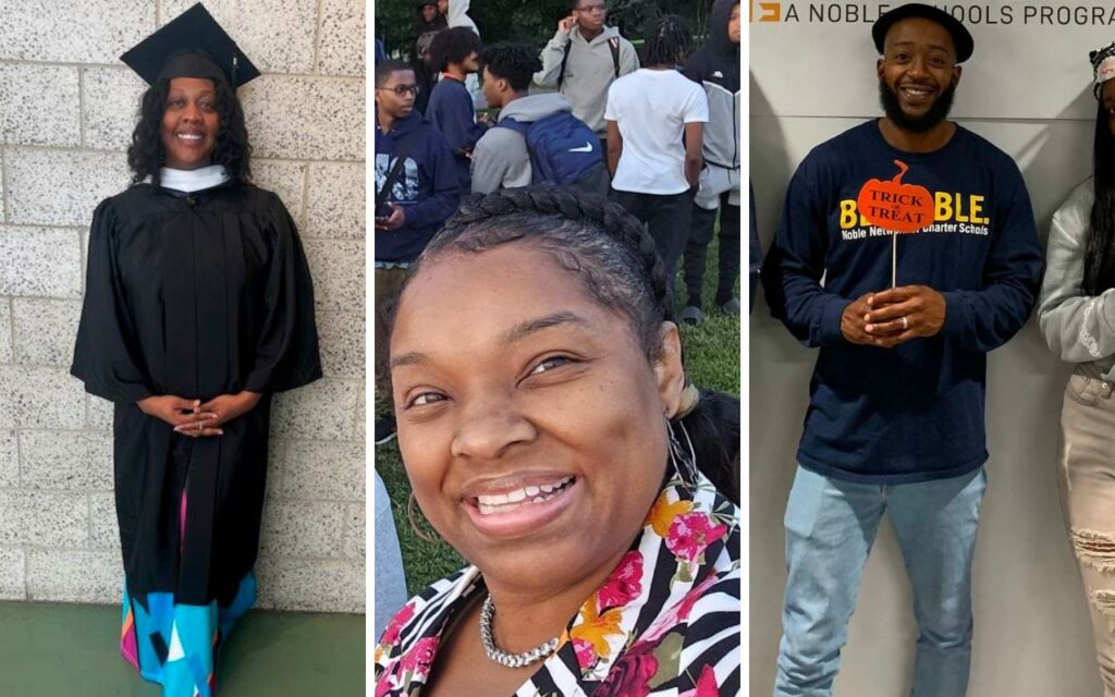 A collage of three images that show the three members of the Baker College Prep college team: Selena Dixon, Sharon Callico-Blackmon, and Justin Harris.