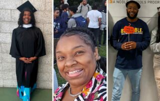 A collage of three images that show the three members of the Baker College Prep college team: Selena Dixon, Sharon Callico-Blackmon, and Justin Harris.