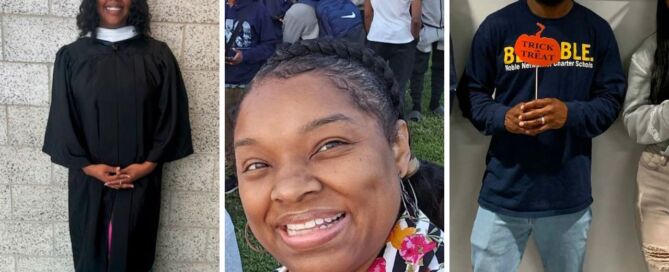 A collage of three images that show the three members of the Baker College Prep college team: Selena Dixon, Sharon Callico-Blackmon, and Justin Harris.