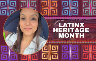 A headshot of Tatiana Ramos with a circular frame sits on top of a dark red background. Ramos is a brown woman with long straight brown hair and is wearing gold hoops and a white button up. On the top and and bottom of this graphic are square-like patterns with spirals in each four corners-- an artistic form called molas from the Guna people near Columbia. To the right of the headshot are the words "Celebrating Latinx Heritage Month" which lay on top of photos of more molas artwork.