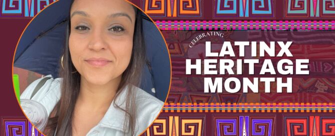 A headshot of Tatiana Ramos with a circular frame sits on top of a dark red background. Ramos is a brown woman with long straight brown hair and is wearing gold hoops and a white button up. On the top and and bottom of this graphic are square-like patterns with spirals in each four corners-- an artistic form called molas from the Guna people near Columbia. To the right of the headshot are the words "Celebrating Latinx Heritage Month" which lay on top of photos of more molas artwork.