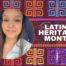 A headshot of Tatiana Ramos with a circular frame sits on top of a dark red background. Ramos is a brown woman with long straight brown hair and is wearing gold hoops and a white button up. On the top and and bottom of this graphic are square-like patterns with spirals in each four corners-- an artistic form called molas from the Guna people near Columbia. To the right of the headshot are the words "Celebrating Latinx Heritage Month" which lay on top of photos of more molas artwork.