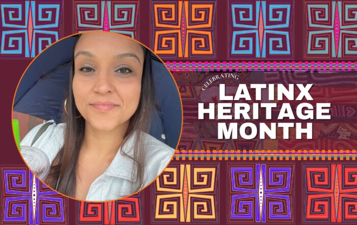 A headshot of Tatiana Ramos with a circular frame sits on top of a dark red background. Ramos is a brown woman with long straight brown hair and is wearing gold hoops and a white button up. On the top and and bottom of this graphic are square-like patterns with spirals in each four corners-- an artistic form called molas from the Guna people near Columbia. To the right of the headshot are the words "Celebrating Latinx Heritage Month" which lay on top of photos of more molas artwork.