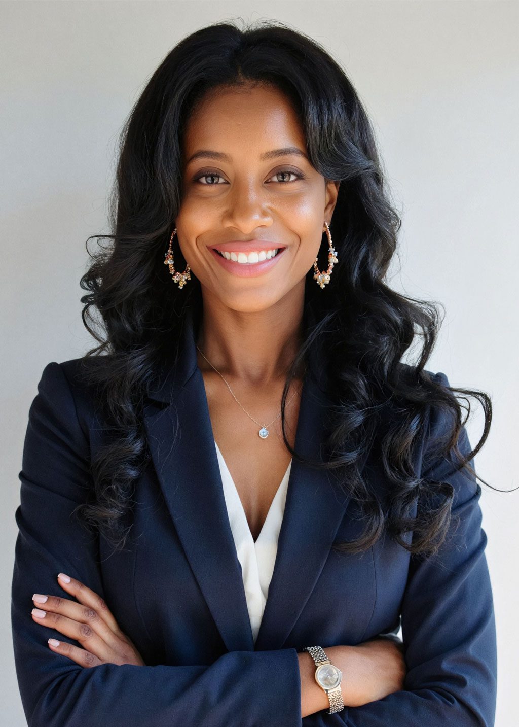 Christina Seaton DLF Cohort 2025 Headshot of Christina Seaton. She is a Black woman long black hair. She is smiling and wearing earrings and a white shirt and navy blue blazer with arms crossed.