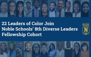 A cover image that displays the title of the blog post on top of a blue overlay which covers headshots of all the new members of the Diverse Leaders Fellowship. The Noble DLF logo is in the right of the title.