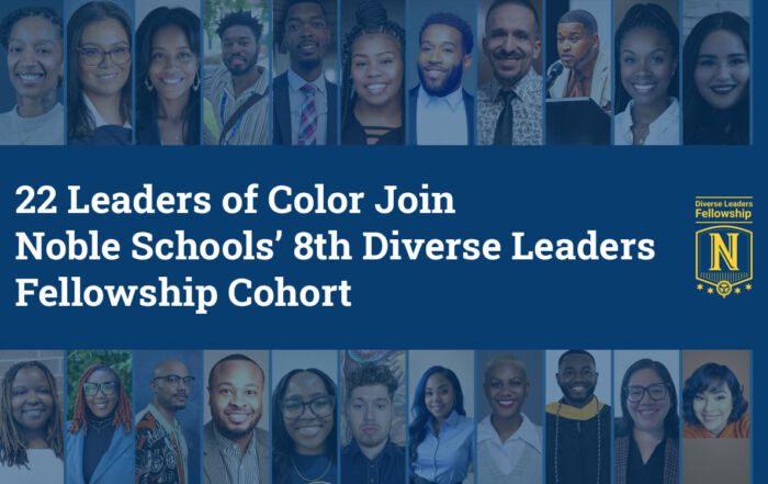 A cover image that displays the title of the blog post on top of a blue overlay which covers headshots of all the new members of the Diverse Leaders Fellowship. The Noble DLF logo is in the right of the title.