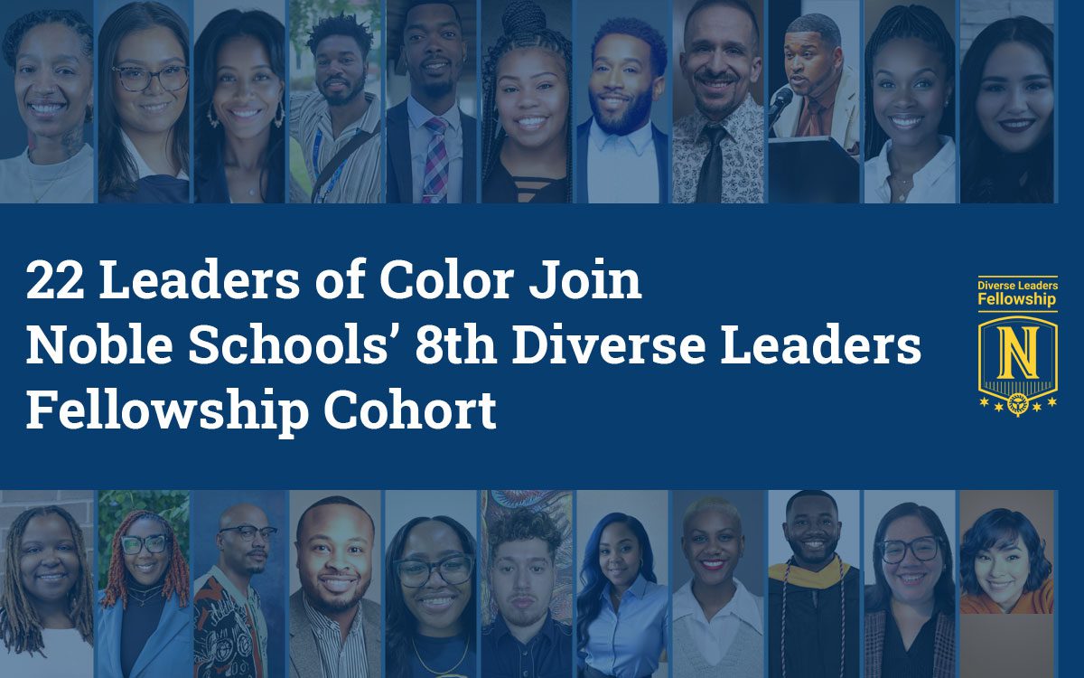 A cover image that displays the title of the blog post on top of a blue overlay which covers headshots of all the new members of the Diverse Leaders Fellowship. The Noble DLF logo is in the right of the title.