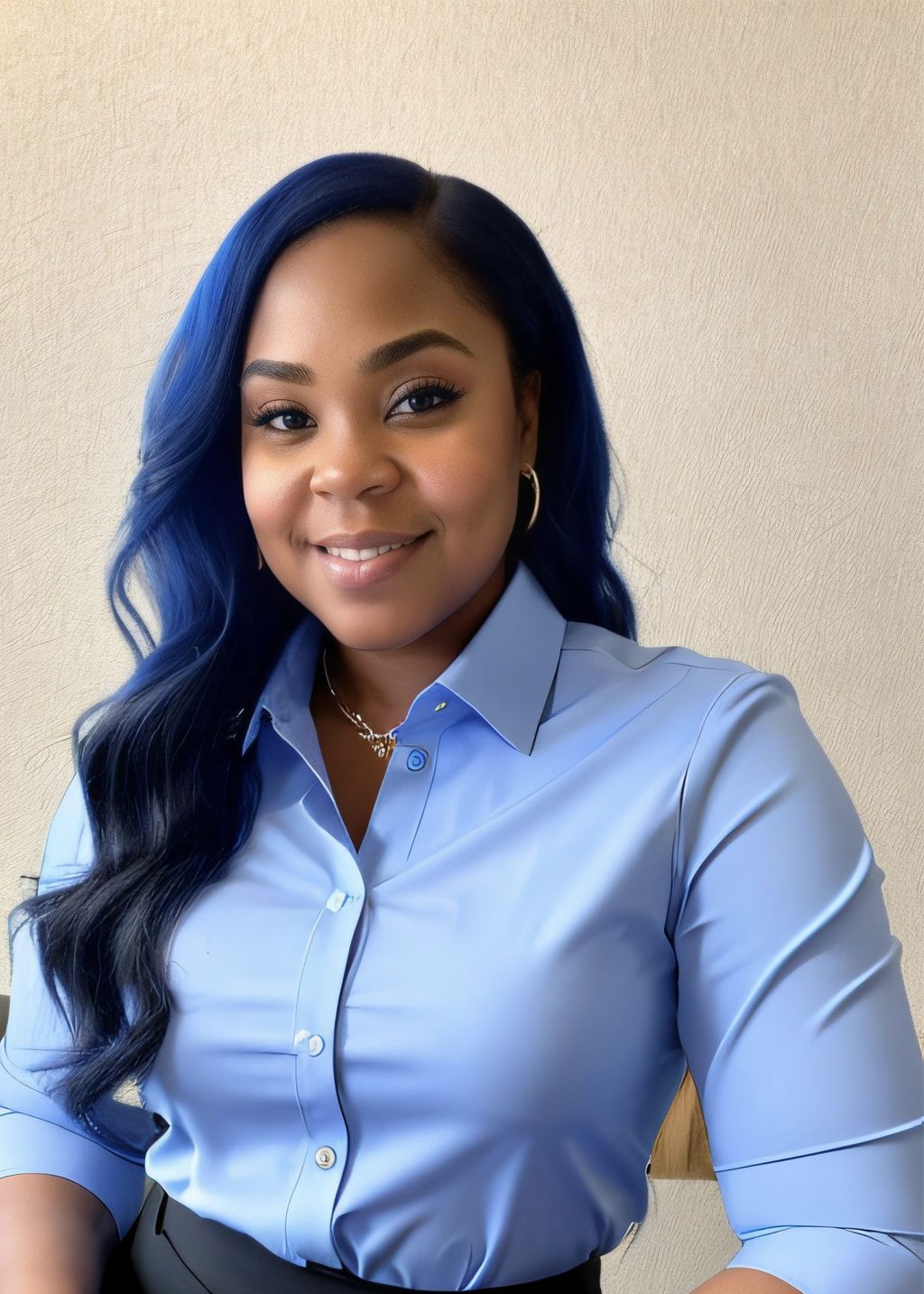Shatara McDonald DLF Cohort 2025 Headshot Shatara McDonald. She is a Black woman with light blue and black long hair that comes down the right side. Smiling and wearing a light blue business shirt.