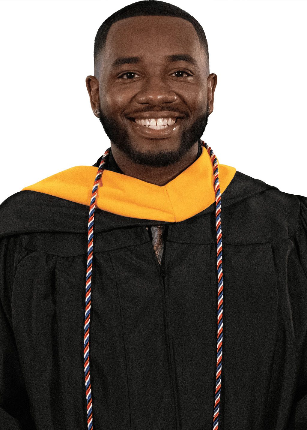 Tyrrell Thermezi DLF Cohort 2025 Tyrell Thermez headshot. He is a Black man, black short fade haircut and beard. Smiling and wearing graduation robes with a yellow sash and graduation honor cord.