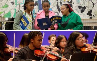 A collage of two images. The top one is of a mom and her two kids flipping through an art booklet for Noble Schools' Visual Arts Festival in 2025. Behind them, you can see a series of canvases displaying a comic panel. The bottom photo is of a Noble Schools student playing violin, surrounded by his peers in the 2025 Noble Honors Ensemble.