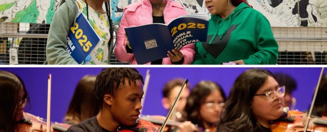 A collage of two images. The top one is of a mom and her two kids flipping through an art booklet for Noble Schools' Visual Arts Festival in 2025. Behind them, you can see a series of canvases displaying a comic panel. The bottom photo is of a Noble Schools student playing violin, surrounded by his peers in the 2025 Noble Honors Ensemble.