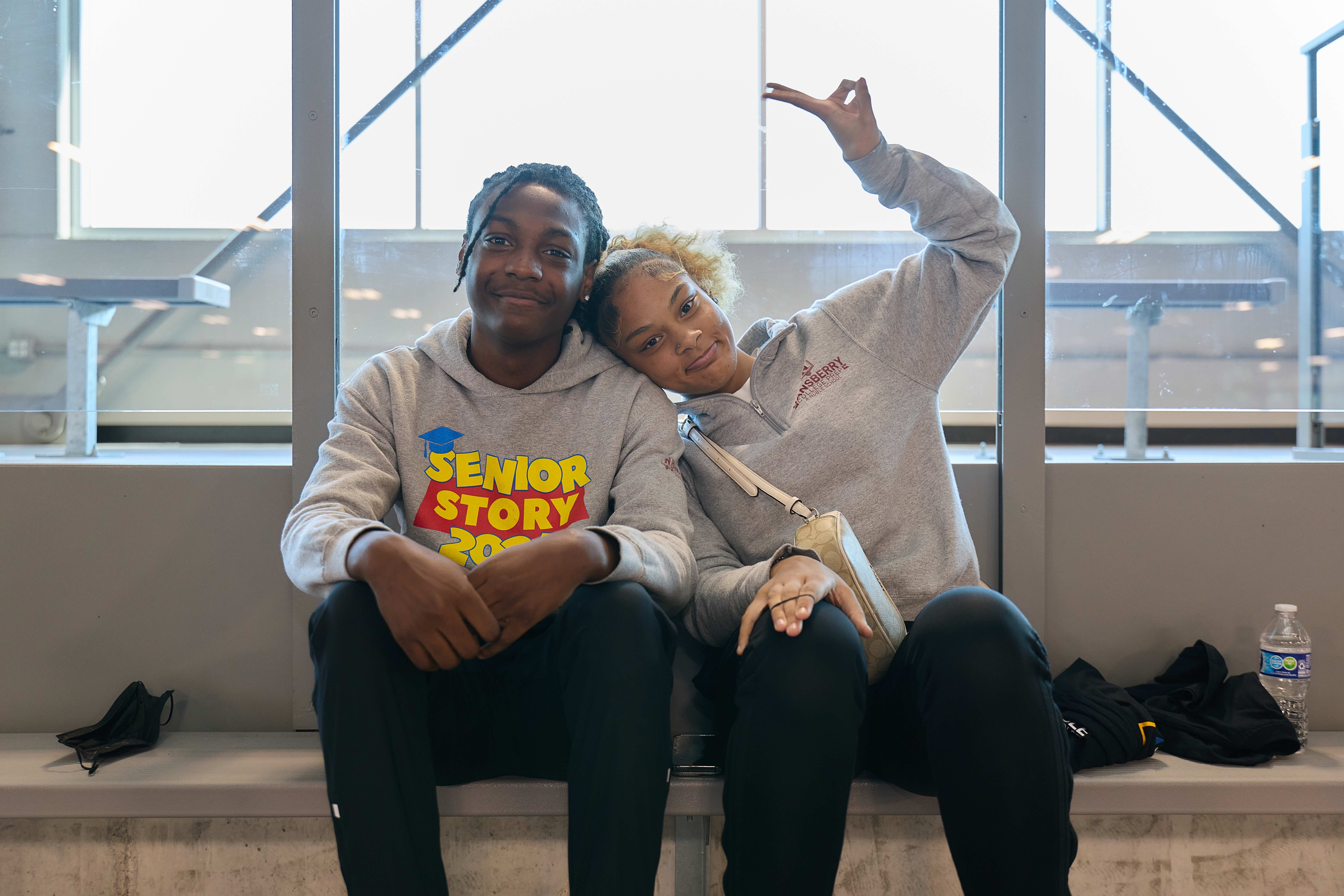 Two Hansberry College Prep students posing for a photo at the HBCU college fair